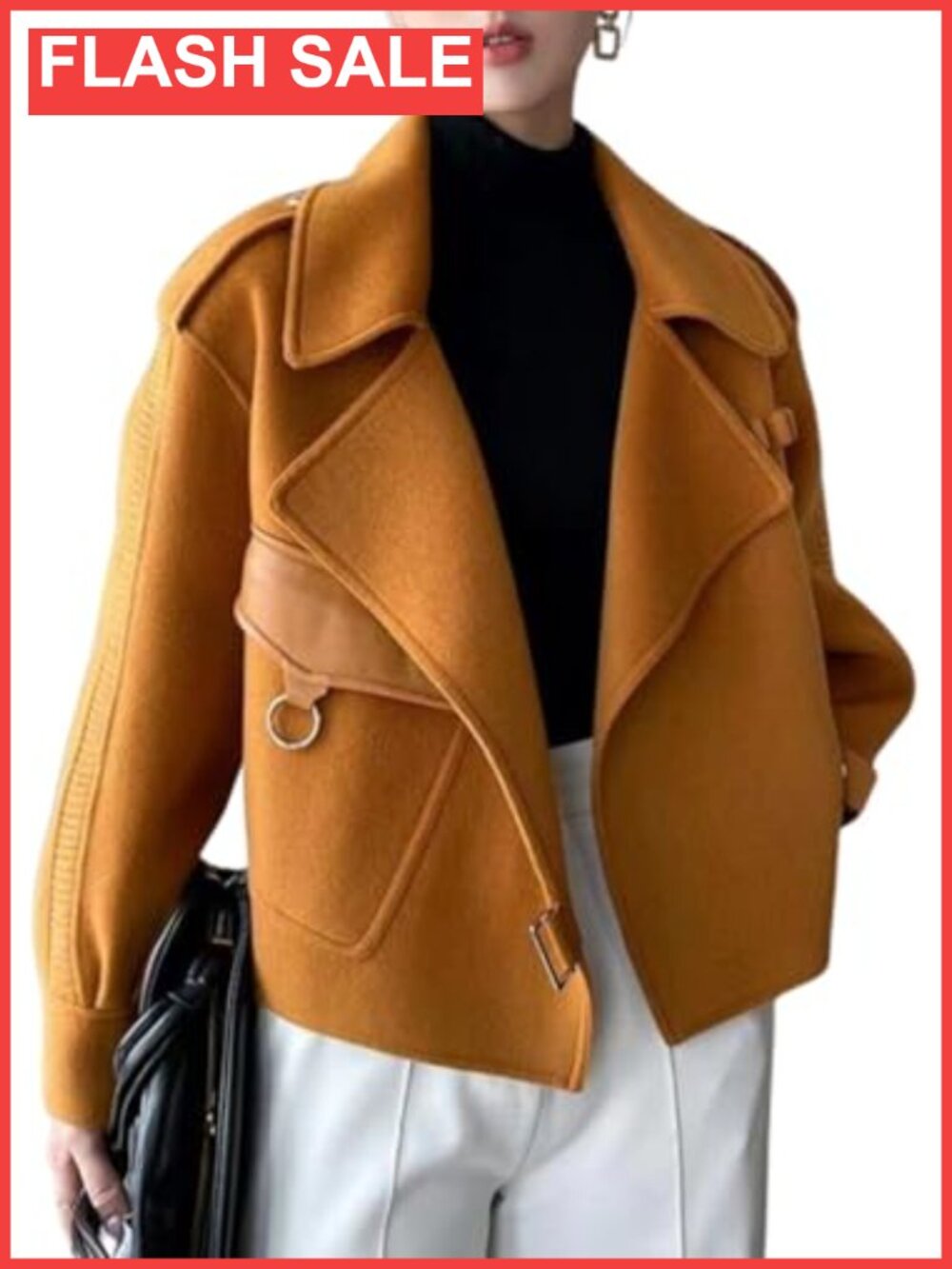 Women's Cropped Wool Blend Pea Coat Notch Lapel Oversized Short Jacket